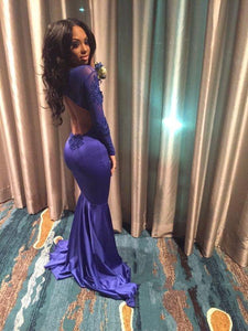 2024 Blue Sexy Appliques Long Sleeve Open Back High Neck Mermaid Prom Dresses RS735