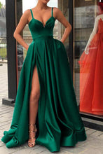 Load image into Gallery viewer, Sexy Burgundy Spaghetti Straps V Neck Satin Prom Dresses with Split Pockets RS649