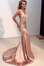Load image into Gallery viewer, Sexy Mermaid Backless Prom Dress Nude V Neck Long Lace Spaghetti Straps Prom Dresses P1104