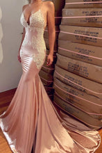 Load image into Gallery viewer, Sexy Mermaid Backless Prom Dress Nude V Neck Long Lace Spaghetti Straps Prom Dresses P1104