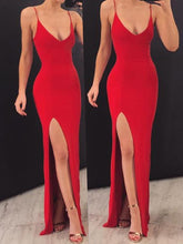 Load image into Gallery viewer, Sexy Mermaid Spaghetti Straps V Neck Red Side Slit Satin Long Prom Dresses RS574