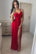 Load image into Gallery viewer, Simple A line Red Spaghetti Straps Chiffon Prom Dresses V Neck Side Slit Evening Dress RS537
