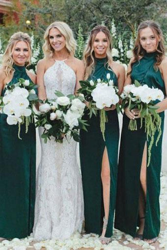 Simple Sheath High Neck Dark Green Bridesmaid Dress with Split Long Prom Dresses RS985