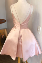 Load image into Gallery viewer, Simple V Neck Straps Short Pink Homecoming Dress Backless Satin Sweet 16 Dresses H1210
