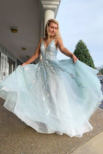 Load image into Gallery viewer, Spaghetti Straps Floral Beading Long Mint Green Prom Dress V Neck Tulle Formal Dress P1003