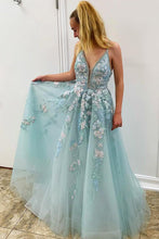 Load image into Gallery viewer, Spaghetti Straps Floral Beading Long Mint Green Prom Dress V Neck Tulle Formal Dress P1003