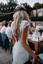 Load image into Gallery viewer, Vintage Backless Lace Boho Mermaid Wedding Dresses Cap Sleeve Bohemian Bridal Gowns W1060