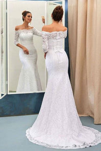 Mermaid Off-the-Shoulder Lace Sweep Train 3/4 Sleeve Top Lace-up Wedding Dresses RS634