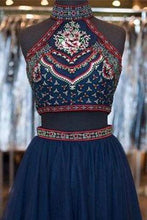 Load image into Gallery viewer, Cute Short A-Line Glitter Navy Blue Backless Sexy Fashion Two Pieces Homecoming Dresses RS38