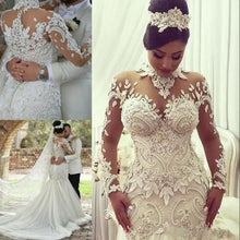Load image into Gallery viewer, Luxury Crystal Beaded Appliques Mermaid High Neck Long Sleeves Wedding Gowns RS234