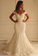 Load image into Gallery viewer, Off Shoulder Short Sleeves Mermaid Lace Wedding Dress with Appliques Bridal Dress RS750