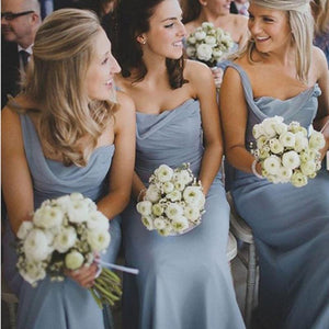 One Shoulder Dusty Blue Long A-line Sleeveless Chiffon Cheap Popular Bridesmaid Dresses RS518