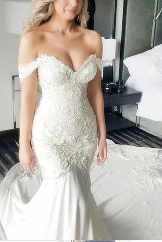 Mermaid Off-the-Shoulder Ivory Lace Long Cheap Sweetheart Backless Plus Size Wedding Dress RS619
