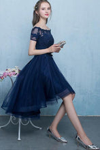Load image into Gallery viewer, Dark Blue Lace Tulle Short Sleeve High Low Round Neck A-Line Short Prom Dresses RS408