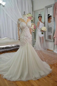 Luxury Crystal Beaded Appliques Mermaid High Neck Long Sleeves Wedding Gowns RS234