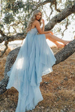 Load image into Gallery viewer, A Line Sky Blue Rustic Chiffon Deep V Neck Slit Summer Beach Wedding Dresses RS863