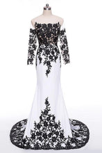 Load image into Gallery viewer, Elegant White Black Lace Appliques Mermaid Long Sleeves Satin Prom Dresses RS516