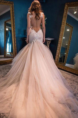 Elegant Mermaid Sweetheart Watteau Train Yarn Lace Tulle Pink Wedding Dresses RS303