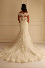 Load image into Gallery viewer, Off Shoulder Short Sleeves Mermaid Lace Wedding Dress with Appliques Bridal Dress RS750