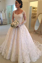 Load image into Gallery viewer, A Line Lace Applique Long Sleeve Sweetheart Covered Button Wedding Dresses RS331