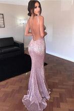 Load image into Gallery viewer, Elegant Mermaid Pink Simple Sexy Spaghetti Straps Sequin V Neck Backless Prom Dresses RS611