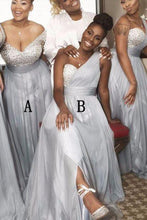 Load image into Gallery viewer, A Line Sweetheart Grey Beading One Shoulder Bridesmaid Dresses RS282