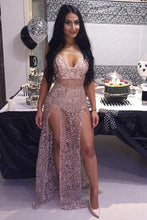 Load image into Gallery viewer, Sexy V-Neck Sheath Halter Pink Lace Sweep Train Backless See-through Prom Dresses RS275