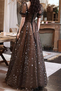 Black And Brown A Line Prom Dress Short Sleeves Evening Dress