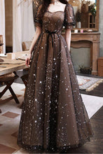 Load image into Gallery viewer, Black And Brown A Line Prom Dress Short Sleeves Evening Dress