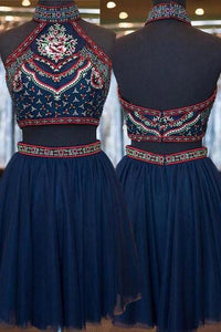 Cute Short A-Line Glitter Navy Blue Backless Sexy Fashion Two Pieces Homecoming Dresses RS38