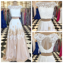 Load image into Gallery viewer, A-line Two Piece Long Floor Length Scoop White Lace Prom Dresses with Open Back RS774