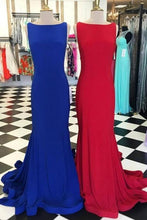 Load image into Gallery viewer, Simple Bateau Neck Sleeveless Sweep Train Royal Blue / Red Prom Dress Backless