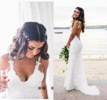 Load image into Gallery viewer, Sexy Lace Mermaid Spaghetti Straps V Neck Backless Beach Wedding Dresses RS236