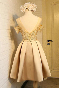 A Line Off the Shoulder Short Prom Dress Appliques Bowknot Lace Homecoming Dress RS854