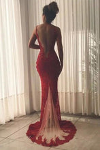 Load image into Gallery viewer, Sexy Burgundy Deep V Neck Mermaid Prom Dresses Lace Long Slit Evening Dresses RS831