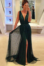 Load image into Gallery viewer, Sheath Deep V-Neck Sweep Train Dark Green Lace Sleeveless Prom Dress with Split Sequins RS697