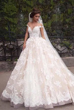 Load image into Gallery viewer, Unique A Line Lace Appliques Cap Sleeves Ivory V Neck Beads Wedding Dresses RS839
