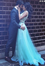 Load image into Gallery viewer, A-Line Two Pieces Sheath Round Neck Blue Tulle Prom Dresses with Lace Sequins Overskirt RS266