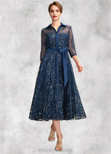 Load image into Gallery viewer, Sarah A-Line V-neck Tea-Length Chiffon Lace Mother of the Bride Dress With Sequins Bow(s) SRS126P0015017
