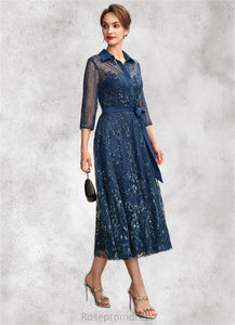 Sarah A-Line V-neck Tea-Length Chiffon Lace Mother of the Bride Dress With Sequins Bow(s) SRS126P0015017