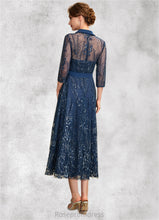 Load image into Gallery viewer, Sarah A-Line V-neck Tea-Length Chiffon Lace Mother of the Bride Dress With Sequins Bow(s) SRS126P0015017