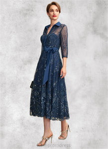 Sarah A-Line V-neck Tea-Length Chiffon Lace Mother of the Bride Dress With Sequins Bow(s) SRS126P0015017