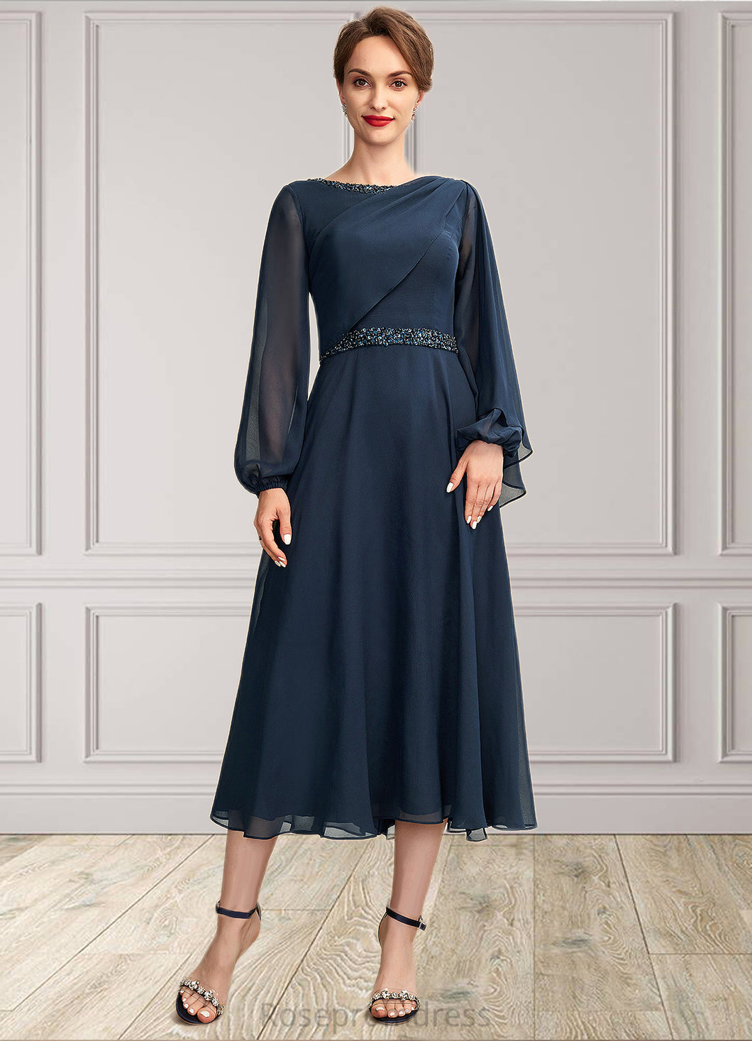 Naima A-Line Scoop Neck Tea-Length Chiffon Mother of the Bride Dress With Beading Sequins SRS126P0015018