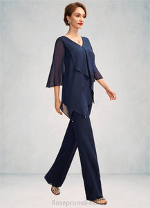 Chelsea Jumpsuit/Pantsuit V-neck Floor-Length Chiffon Mother of the Bride Dress With Cascading Ruffles SRS126P0015019