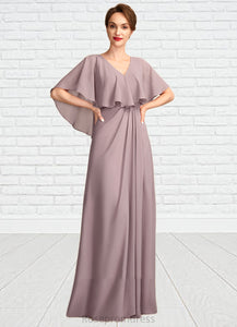 Denisse A-Line V-neck Floor-Length Chiffon Mother of the Bride Dress With Ruffle SRS126P0015026