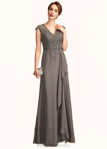Amy A-Line V-neck Floor-Length Chiffon Lace Mother of the Bride Dress With Beading Sequins Cascading Ruffles SRS126P0015030