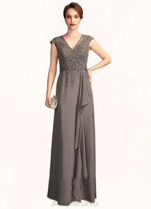 Amy A-Line V-neck Floor-Length Chiffon Lace Mother of the Bride Dress With Beading Sequins Cascading Ruffles SRS126P0015030