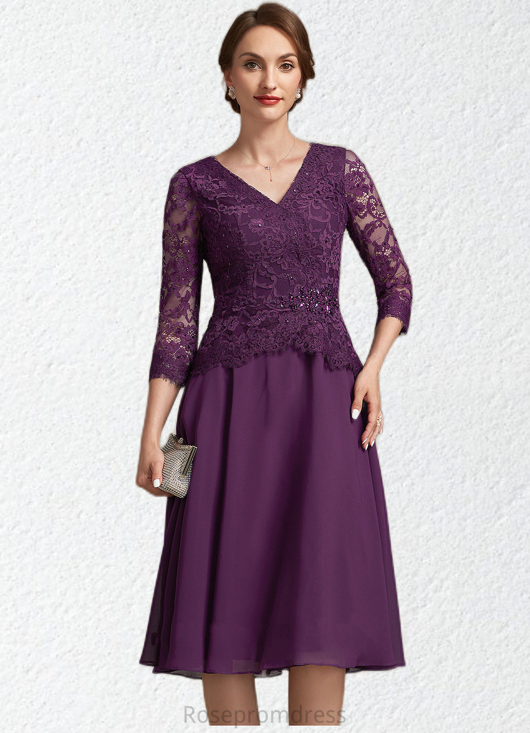 Sophia A-Line V-neck Knee-Length Chiffon Lace Mother of the Bride Dress With Beading Sequins SRS126P0015035