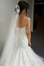 Load image into Gallery viewer, 2024 V Neck Tulle With Applique Mermaid Court Train Wedding Dresses