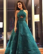 Load image into Gallery viewer, Unique A Line Green Halter Beading Satin Long Prom Dresses, Cheap Evening Dresses SRS15451